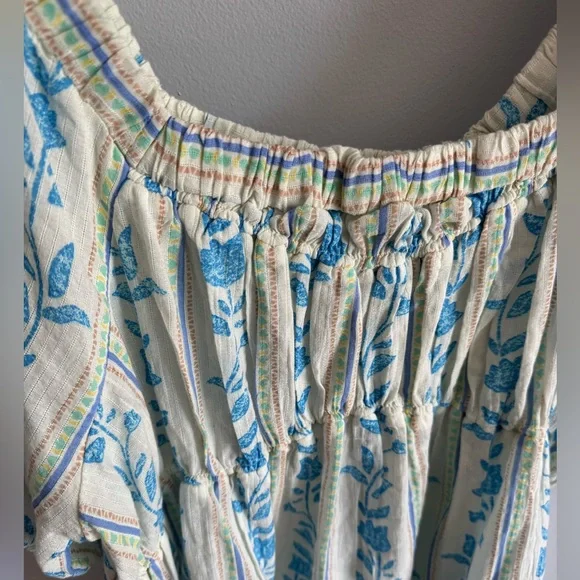 Free People Santorini Print Puff Sleeve Empire Waist Long Cotton Tunic Top NEW L - Picture 5 of 11